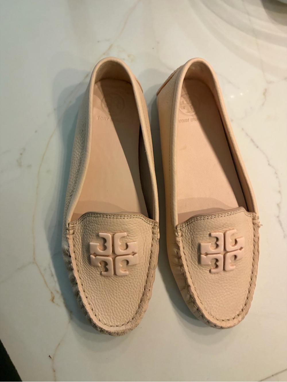 Tory Burch Beige Leather Logo Moccasin Flats